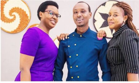Left-right: Siblings Christine Akayezu, Bertin Kwizera, and Geraldine Bayizere happily pose for a reunion photo after 26 years.